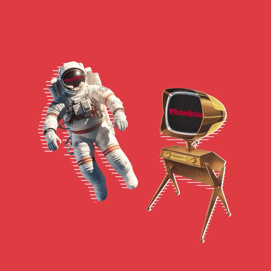 Astronauta flotando junto a una televisión retro en fondo rojo.