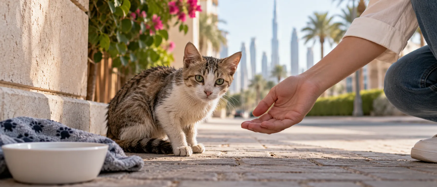A person reaching a hand toward a stray cat outdoors, beside a food bowl and blanket.