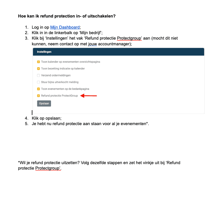 Volledig voorbeeld van de Refund Protectie-instellingen