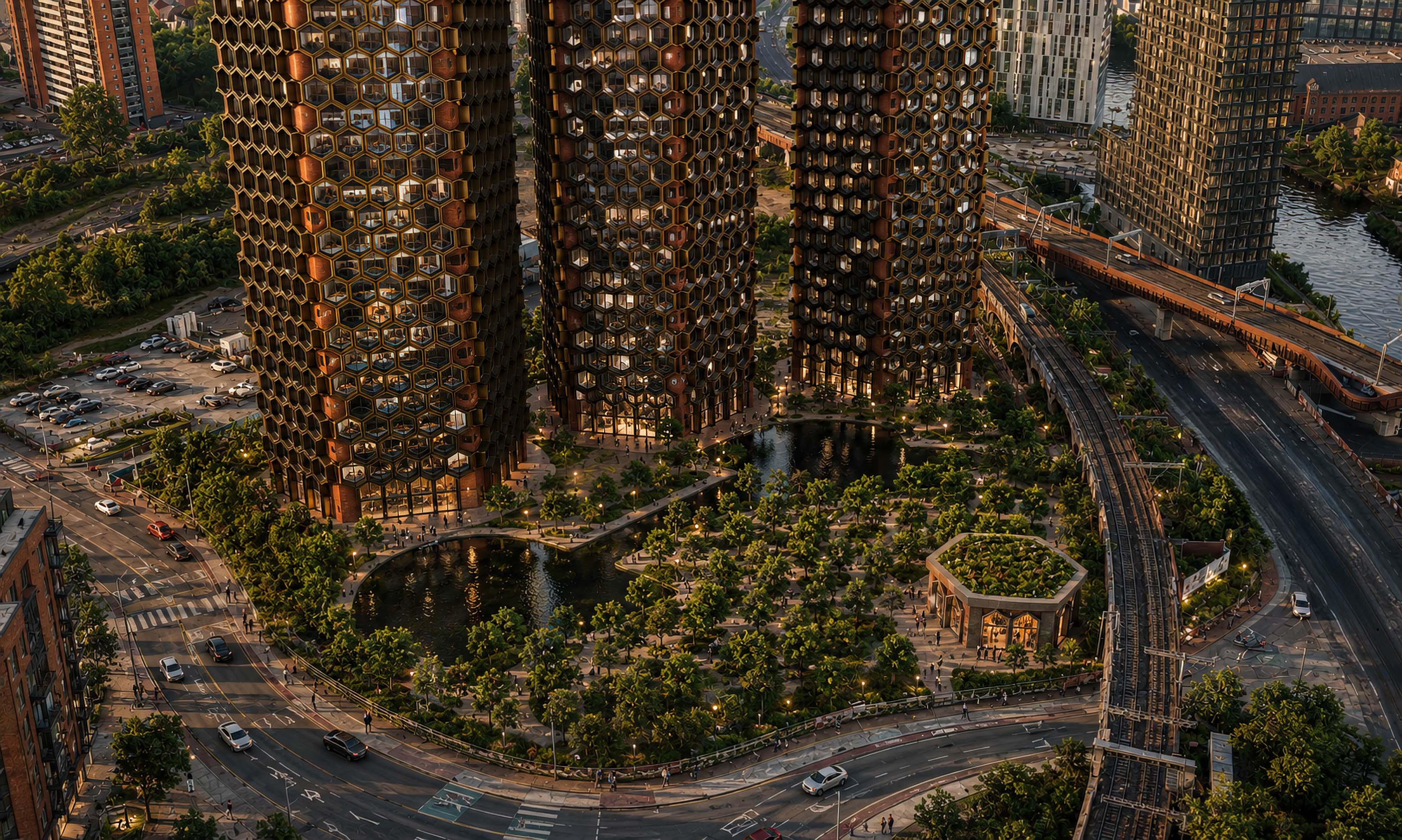 Photorealistic architectural CGI of Hive Living MCR at Middlewood Basin, Manchester, featuring futuristic honeycomb residential towers overlooking landscaped gardens, water features, and integrated transport links within a mixed-use urban regeneration masterplan. Architectural visualisation by James Lyons at Pixelspaces combining traditional CGI workflows with AI-enhanced design techniques for Manchester architects, property developers, and interior designers focused on sustainable luxury residential development.