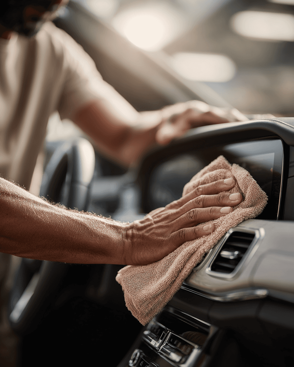 SilentAngels® Manager reinigt das Armaturenbrett eines Autos – SilentAngels® KFZ-Grundreinigung für gepflegte, saubere Innenbereiche von Fahrzeugen.