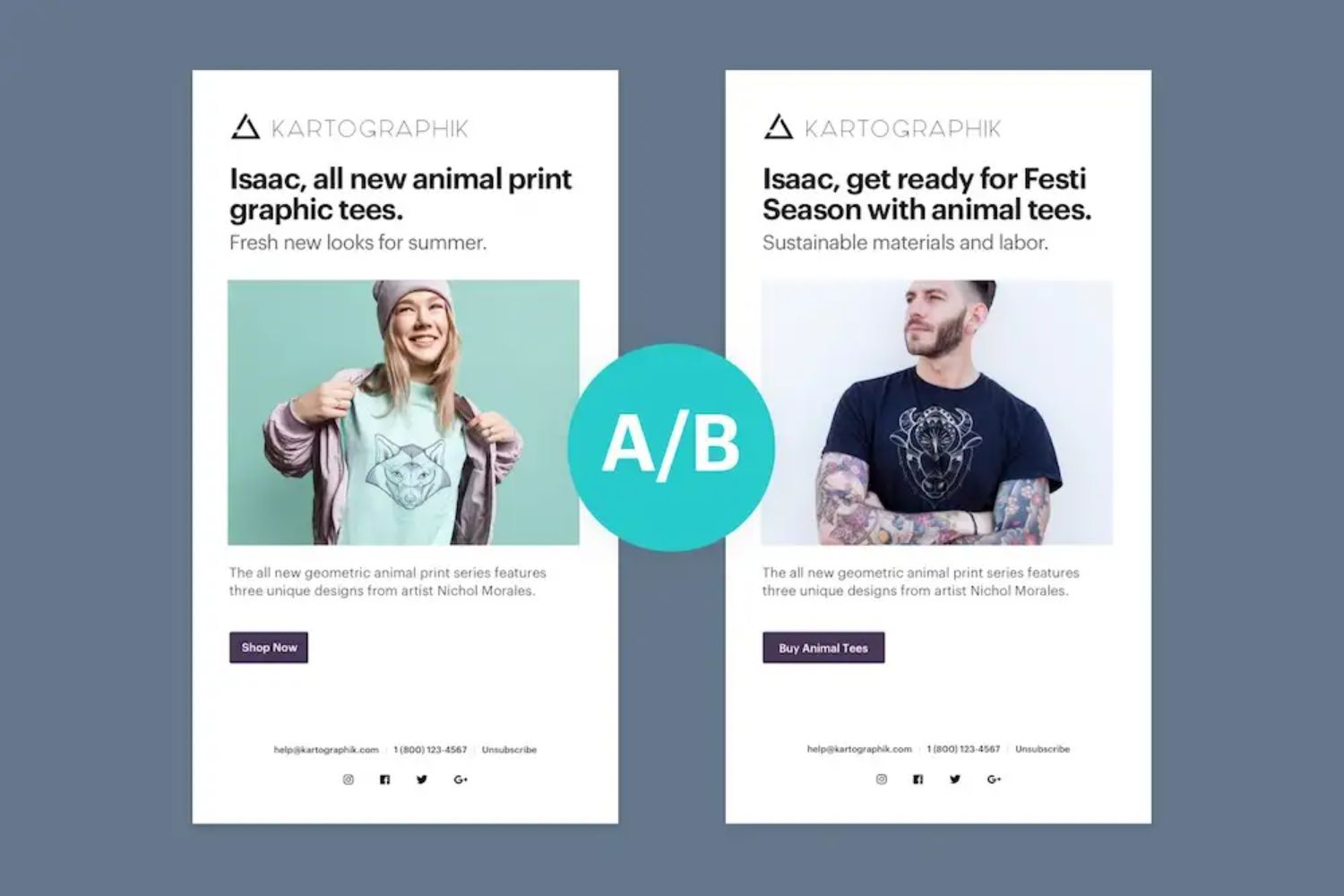 AB Test Example: An email campaign comparison between two designs, featuring a model in a light green shirt with a cat design on the left and a man in a dark blue shirt with a tiger design on the right. The image illustrates an A/B test showing two different subject lines for a product release email.