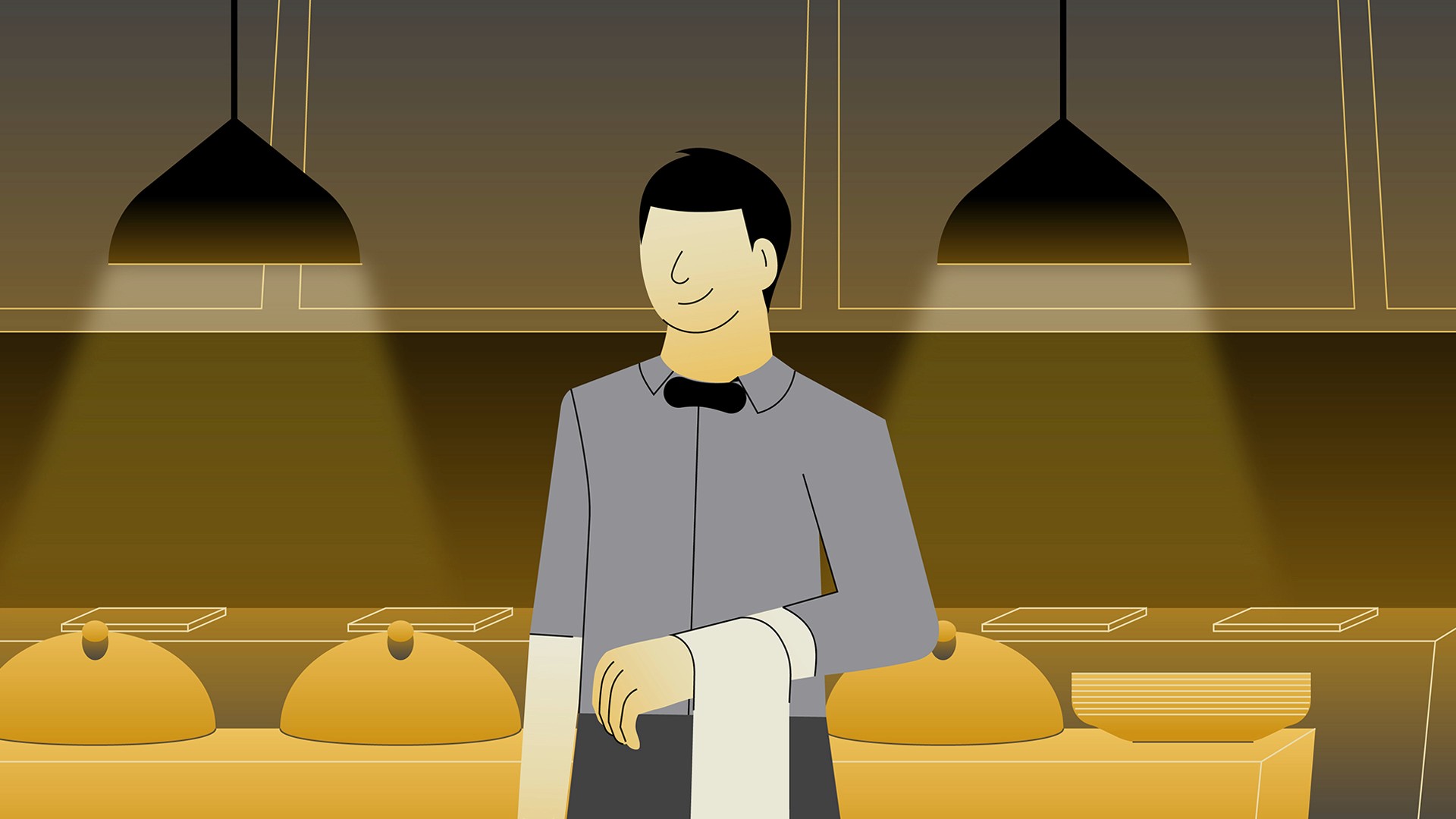 A character standing in the hotel kitchen