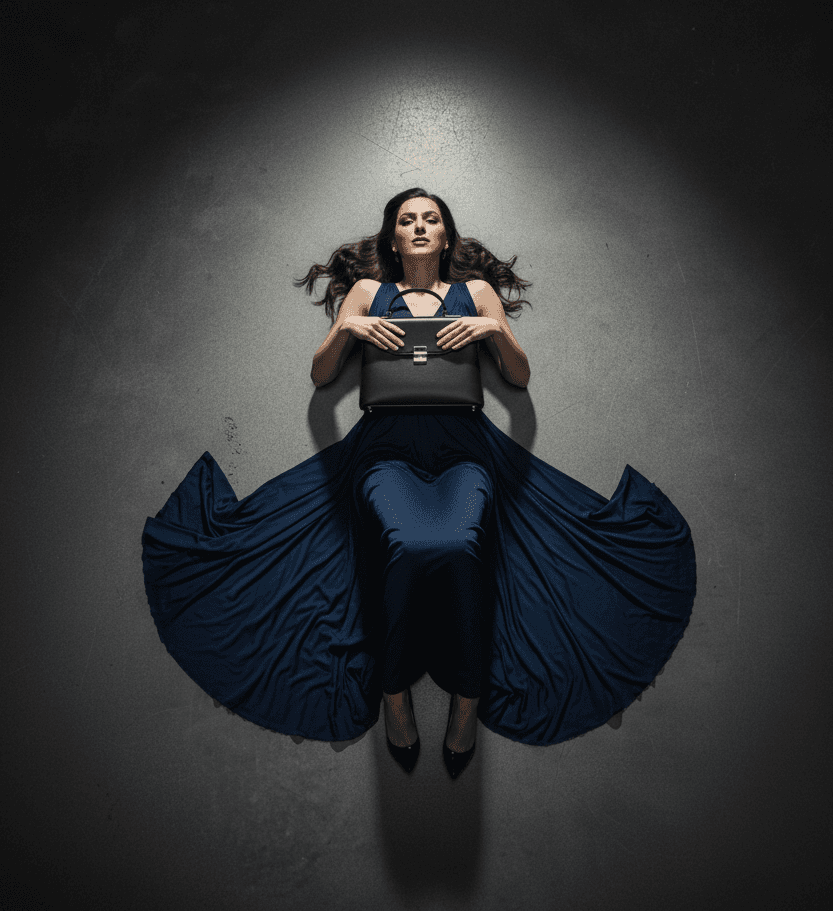 model lying down and clutching a purse