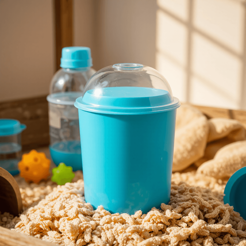 product photography of a small blue container with a transparent dome lid, used for storing or displaying items