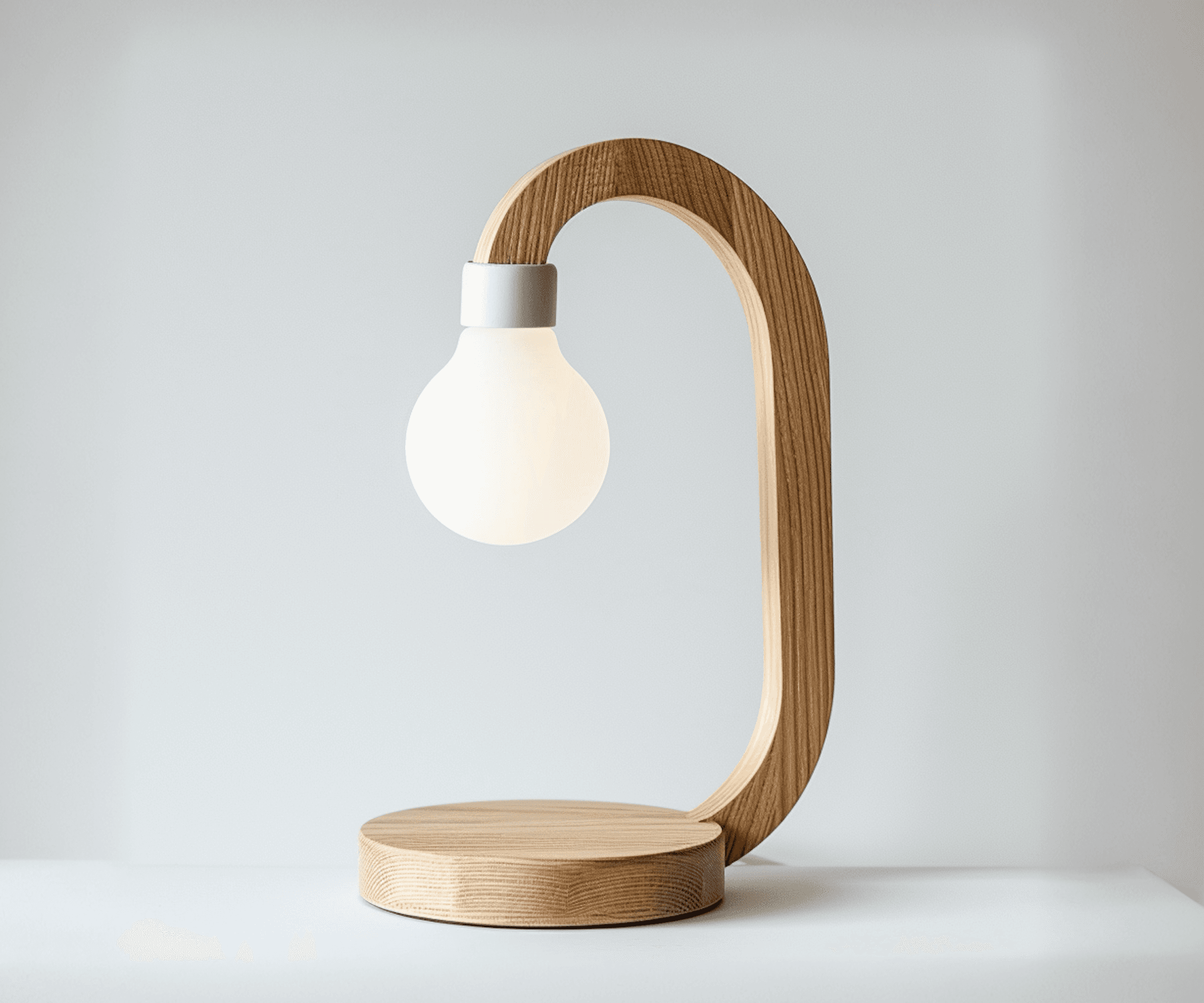 Minimal wooden table lamp with a curved frame and glowing round bulb on a light gray background.
