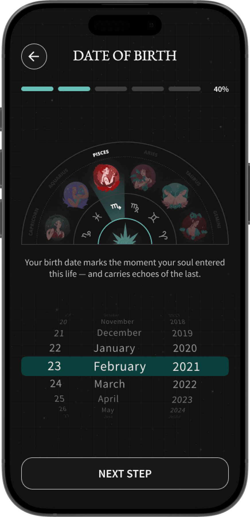 Mobile screen mockup of past life quiz survey asking questions to reveal a past life story.