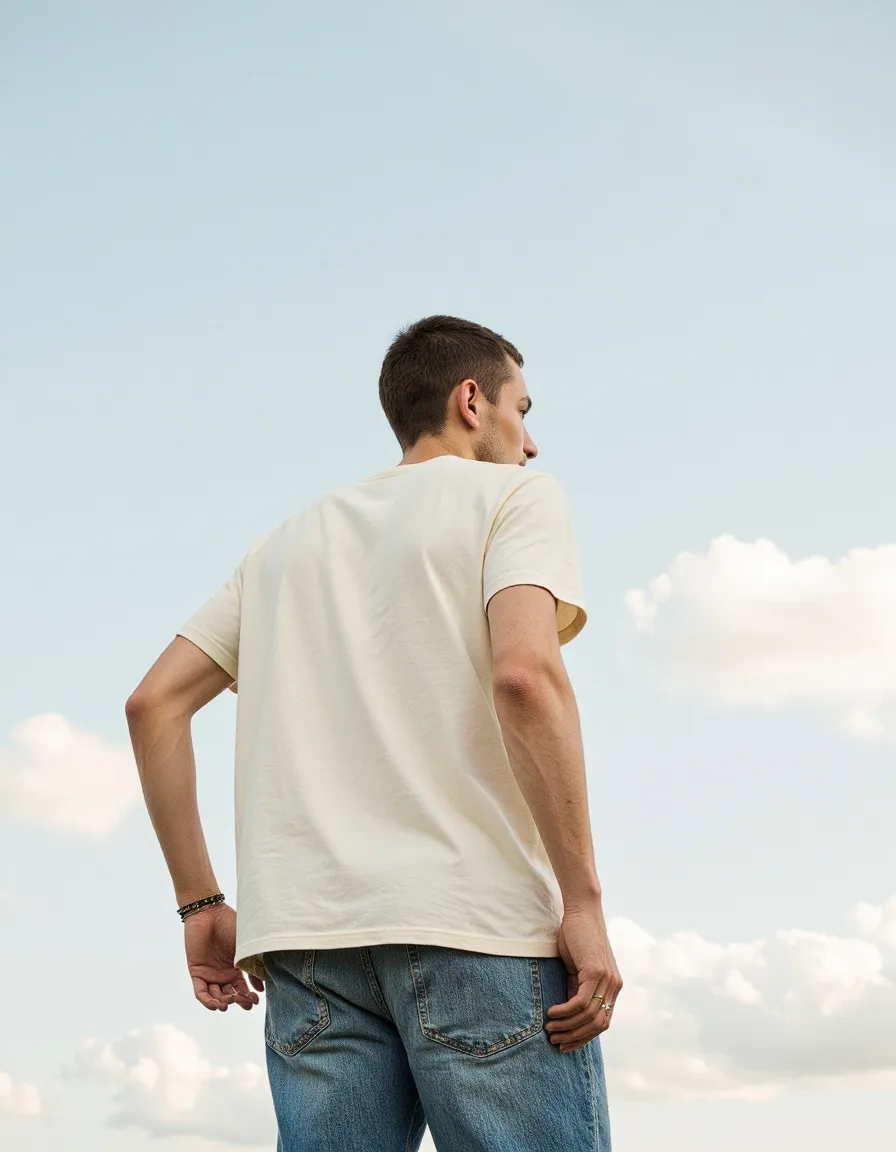 Man in beige t-shirt and jeans photographed from behind against soft blue sky with clouds