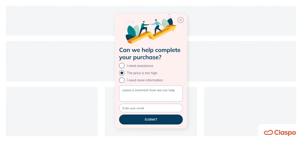 Exit-intent survey popup template by Claspo, designed to reduce cart abandonment by collecting zero-party data on why customers are leaving without purchasing