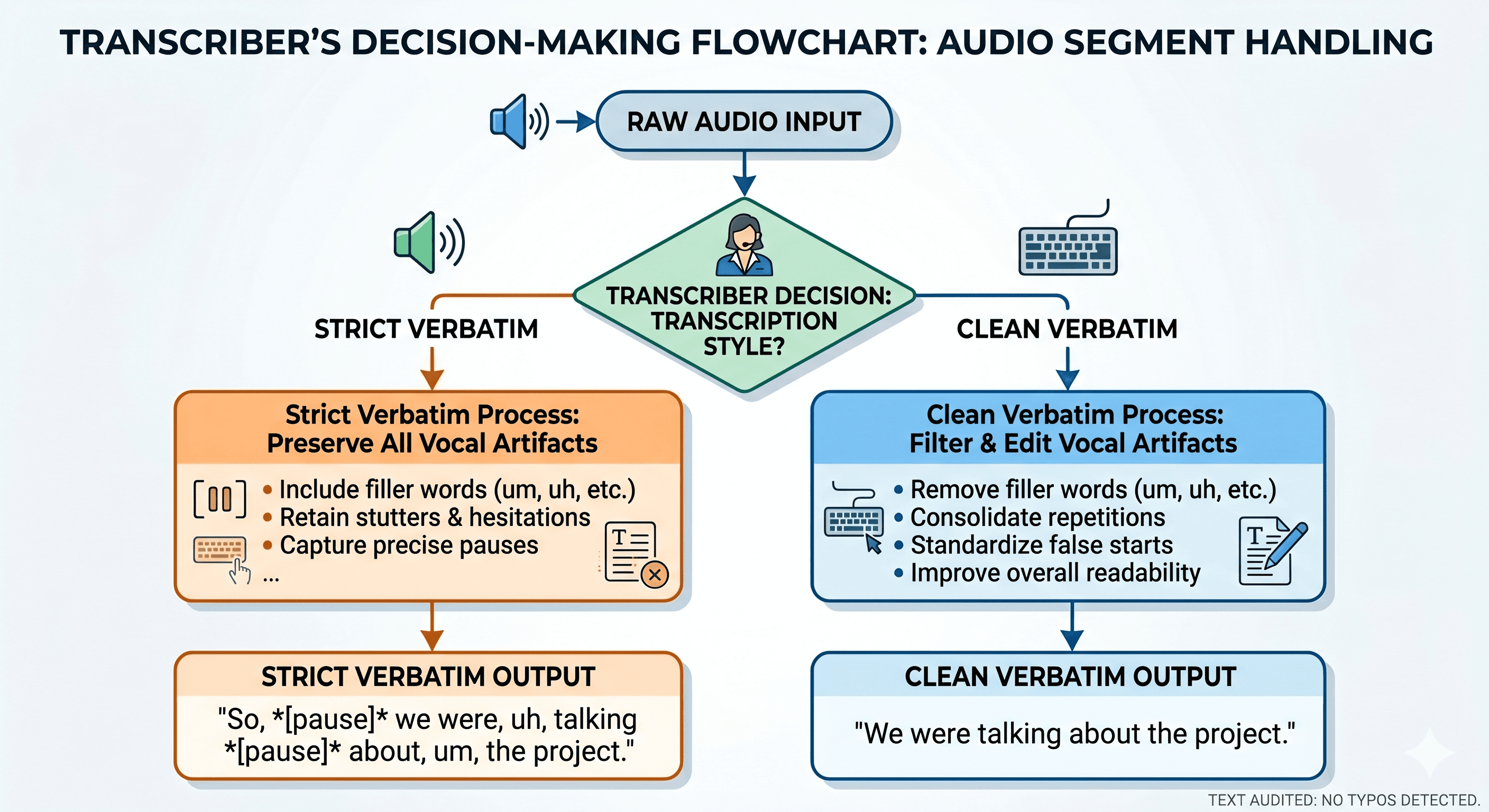 A flowchart showing the distinct paths and editing decisions for strict verbatim versus clean verbatim transcription.