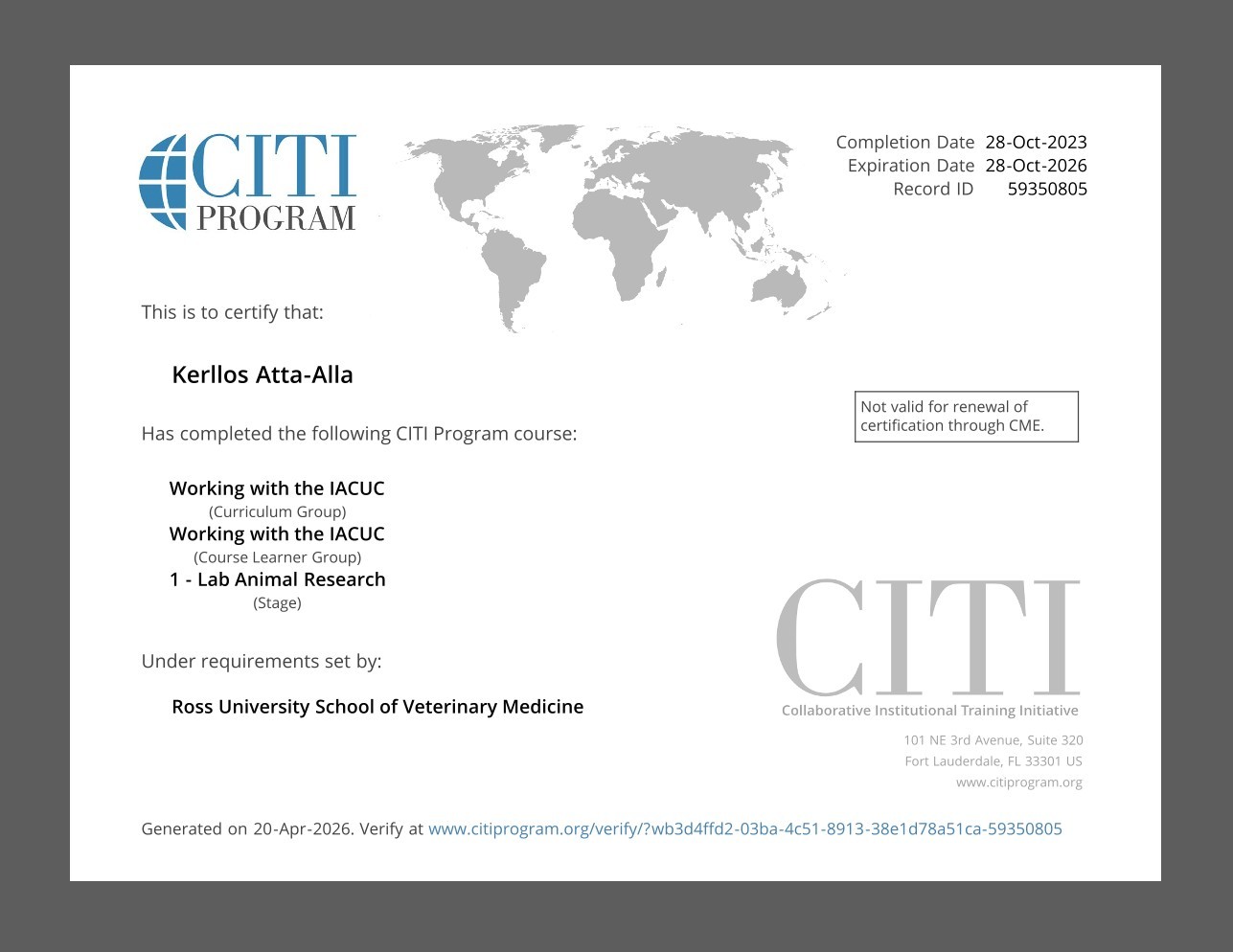 CITI Working with the IACUC Lab Animal Research completion certificate for Kerllos Atta-Alla, completed October 28, 2023