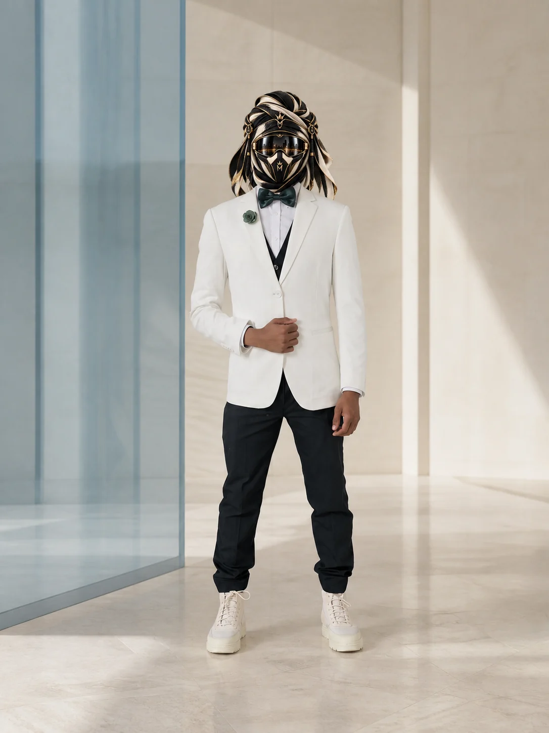 Full-length view of White Jacket, Black Trousers, an ivory dinner jacket worn with black trousers and a bow tie, with the official Marzelest face covering.