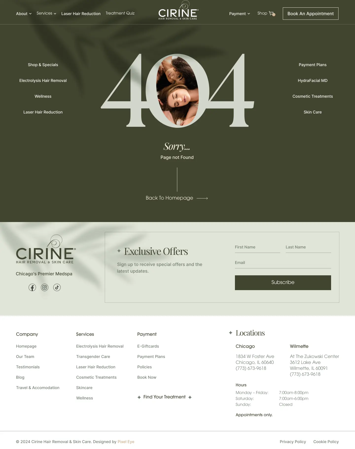 A webpage showing a "404 Not Found" error with an earth-toned design and navigation links at the bottom.