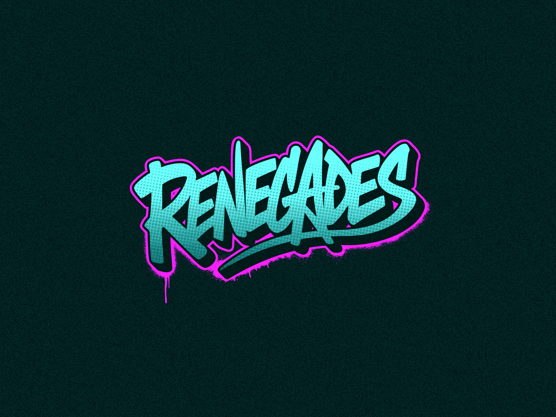 Graffiti-style Ultimate Frisbee “Renegades” wordmark in teal and magenta on a dark textured background.