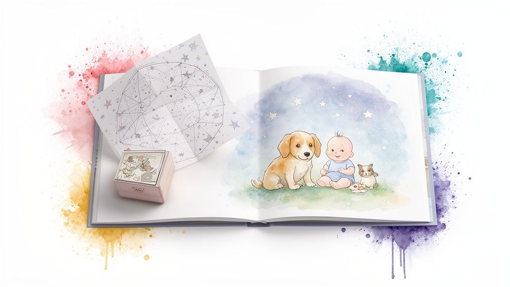 Watercolor illustration of a baby, puppy, and kitten in an open book with a constellation map and gift box.