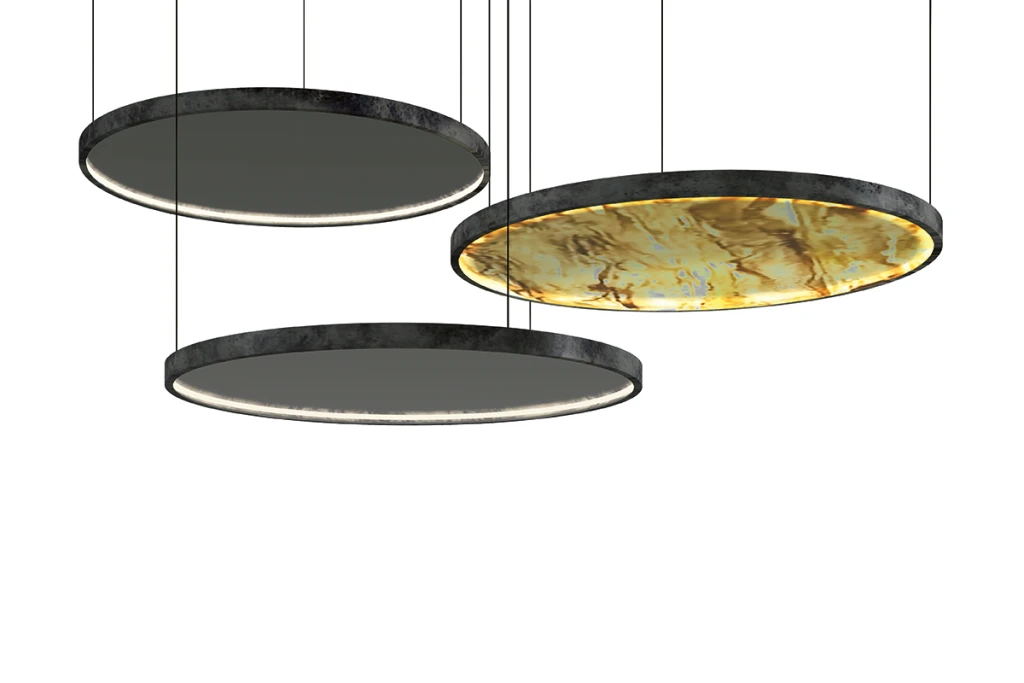 Disc chandelier with artistic and fume glass