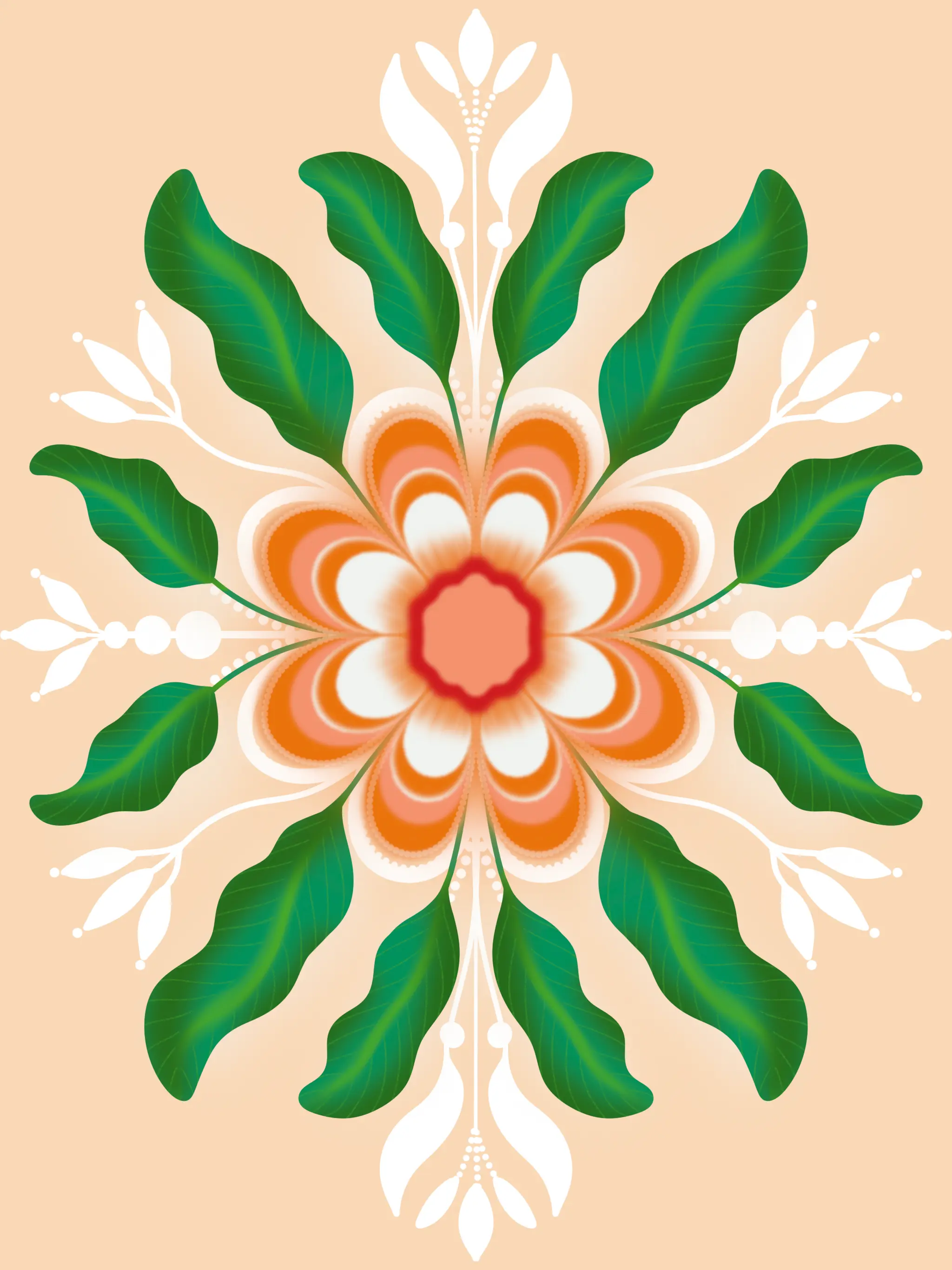 Indian design with Indian patterns leaves, flowers and orange flower in the middle. Indian art work