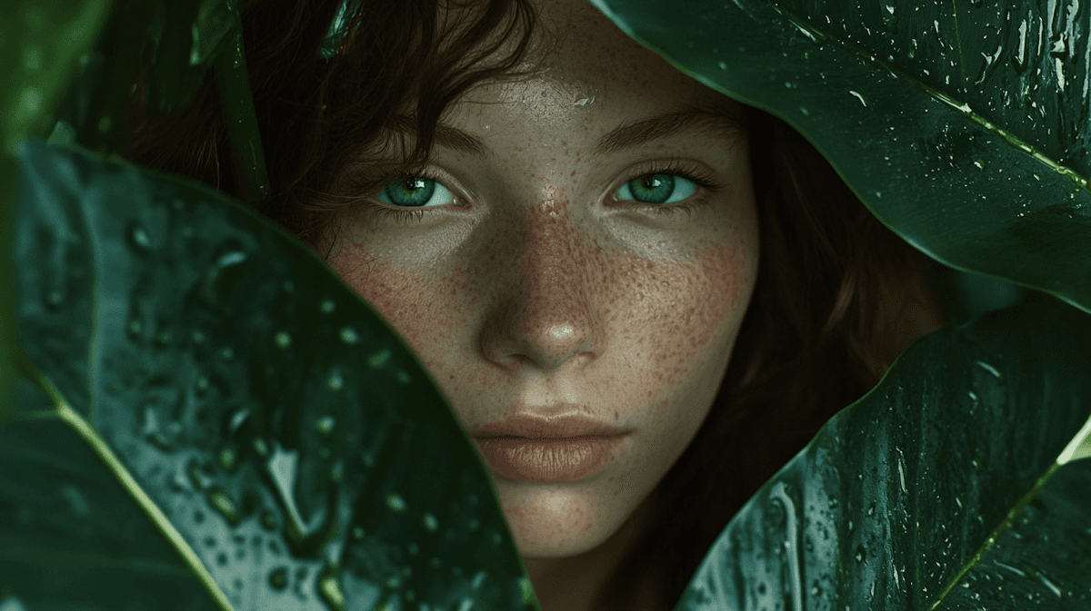 Close-up portrait of a young woman with striking turquoise-green eyes and freckles scattered across her face, partially hidden behind large, wet tropical leaves, raindrops glistening on her skin and foliage.