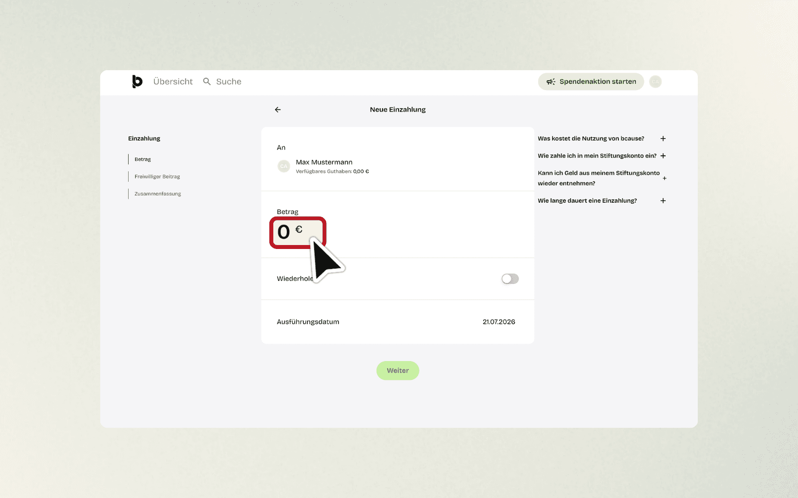 Auswahlmöglichkeiten für Einzahlungsbeträge mit vordefinierten Optionen und Eingabefeld
