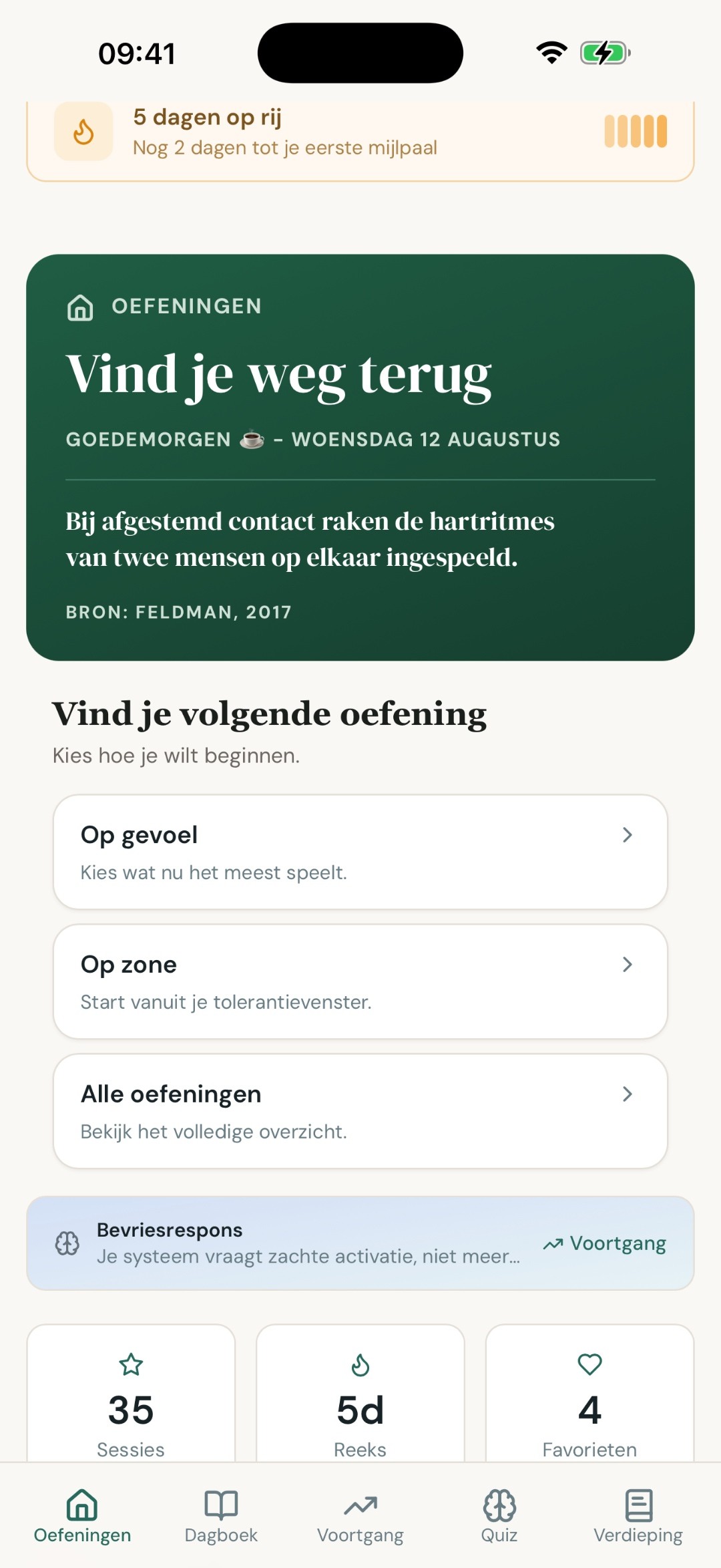 Back to Safety startscherm met Mijn Regulatiepad