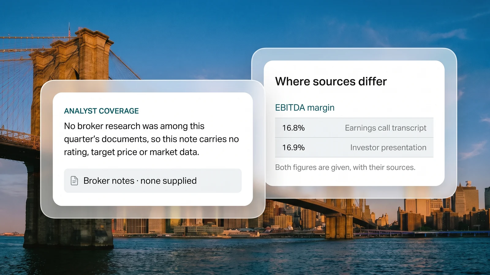The note held to its sources: no rating or target price without broker research, and both figures shown where two documents disagree