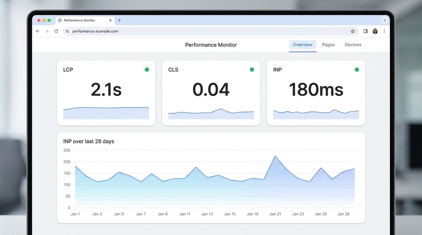 Core Web Vitals Dashboard mit LCP, CLS und INP Werten im Browser