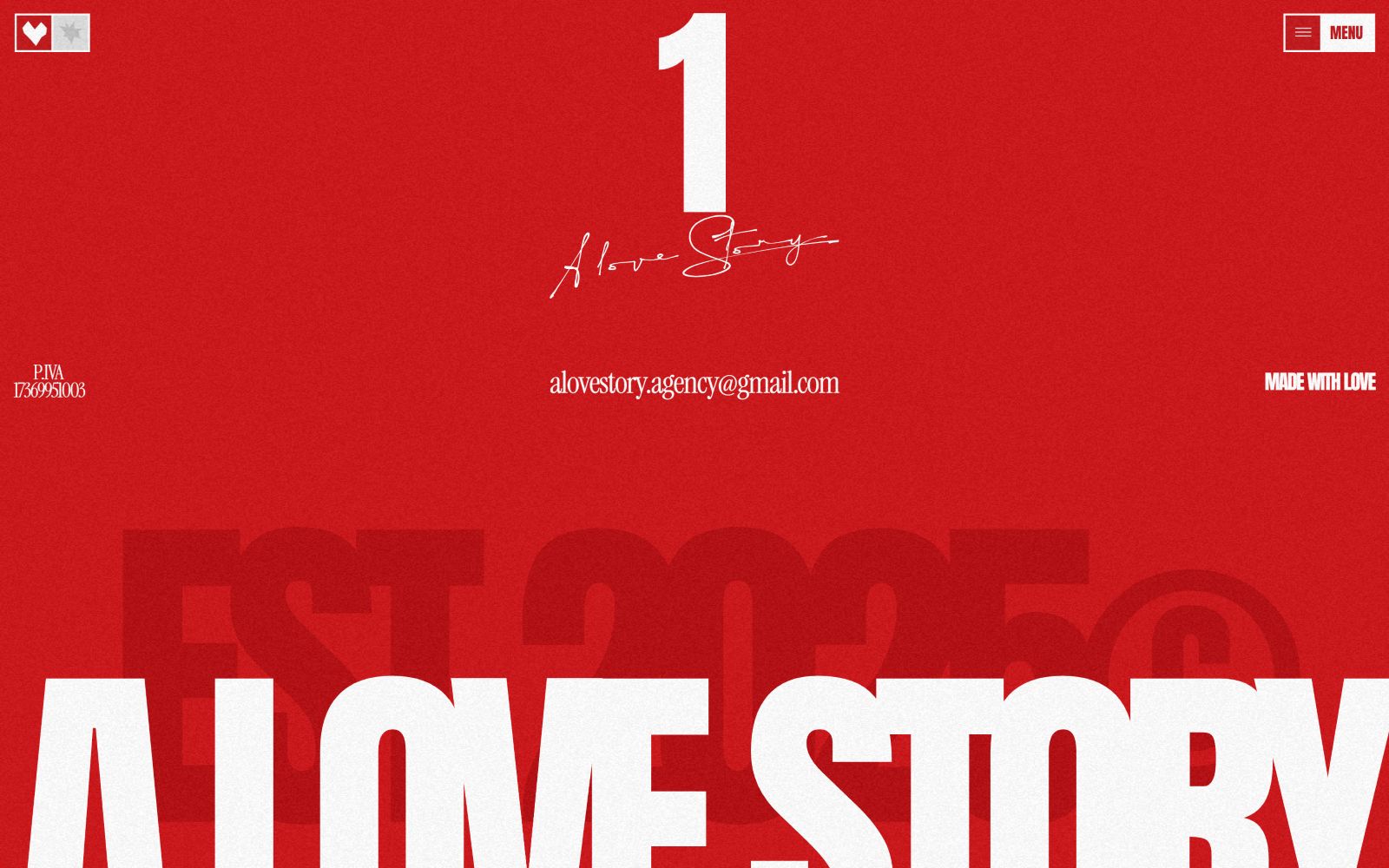 Red background with the text "1 A Love Story" in white. Email address "alovestory.agency@gmail.com." Additional text includes "EST 2025".
