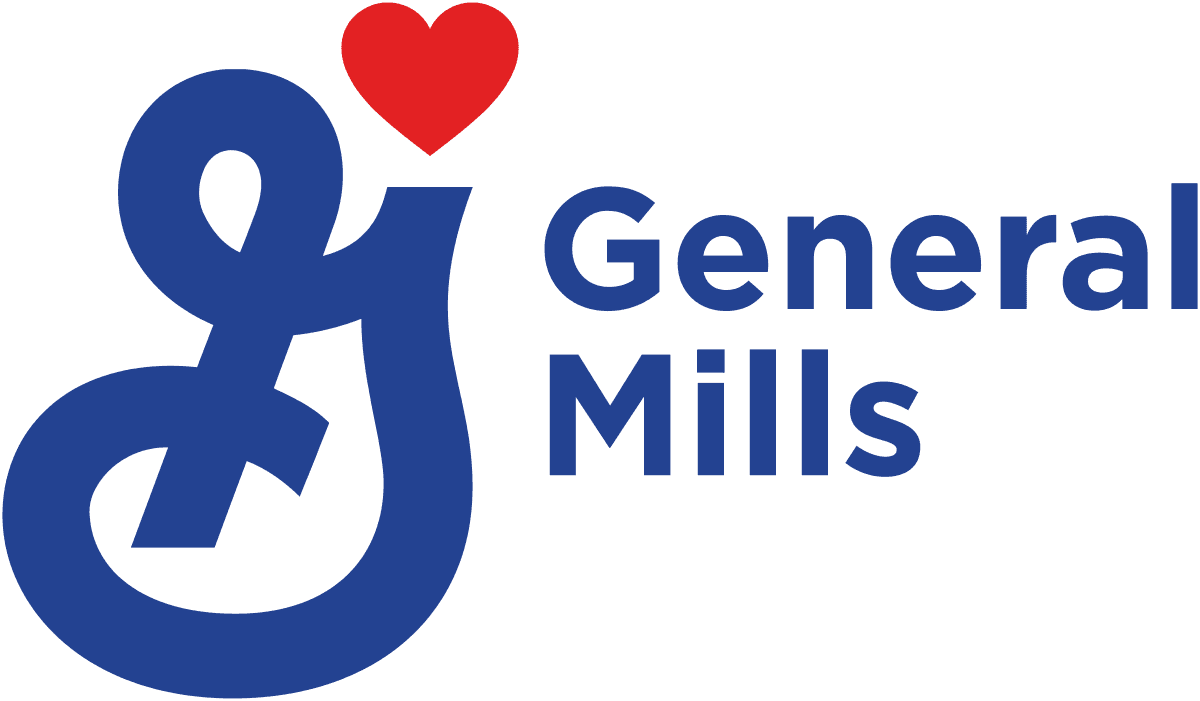 General Mills logo with a blue stylized 'G' and a red heart above it, next to the company name.