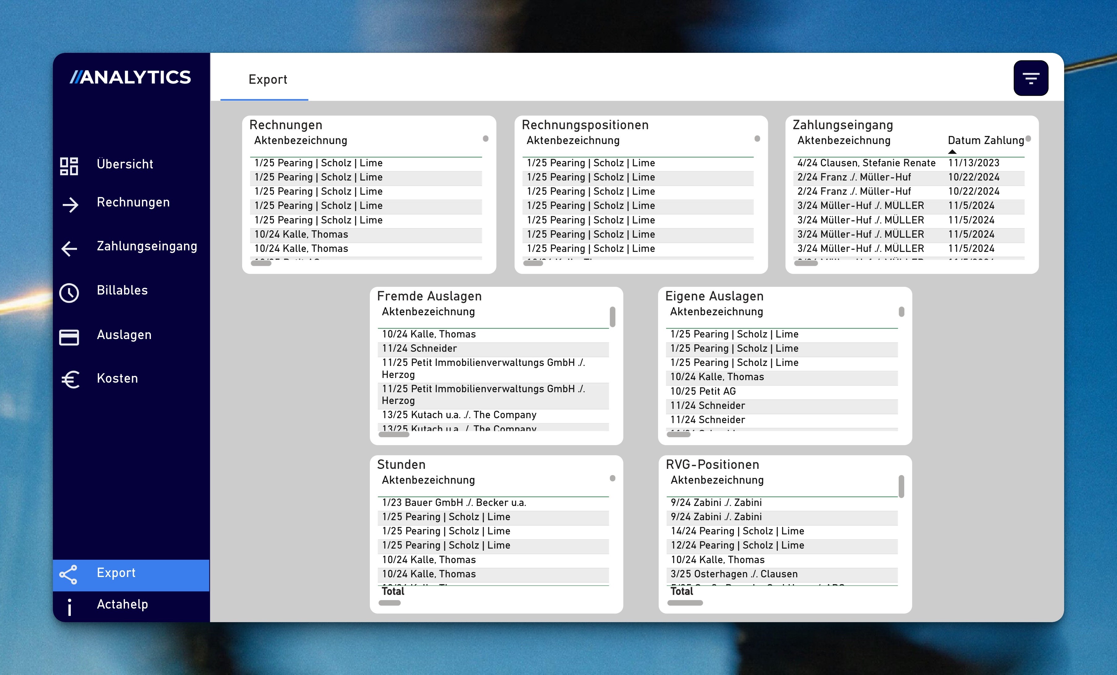 Reiter Export in Actaport Analytics mit Tabellen zu Rechnungen, Rechnungspositionen, Zahlungseingang, fremden und eigenen Auslagen, Stunden und RVG-Positionen, jeweils nach Aktenbezeichnung.