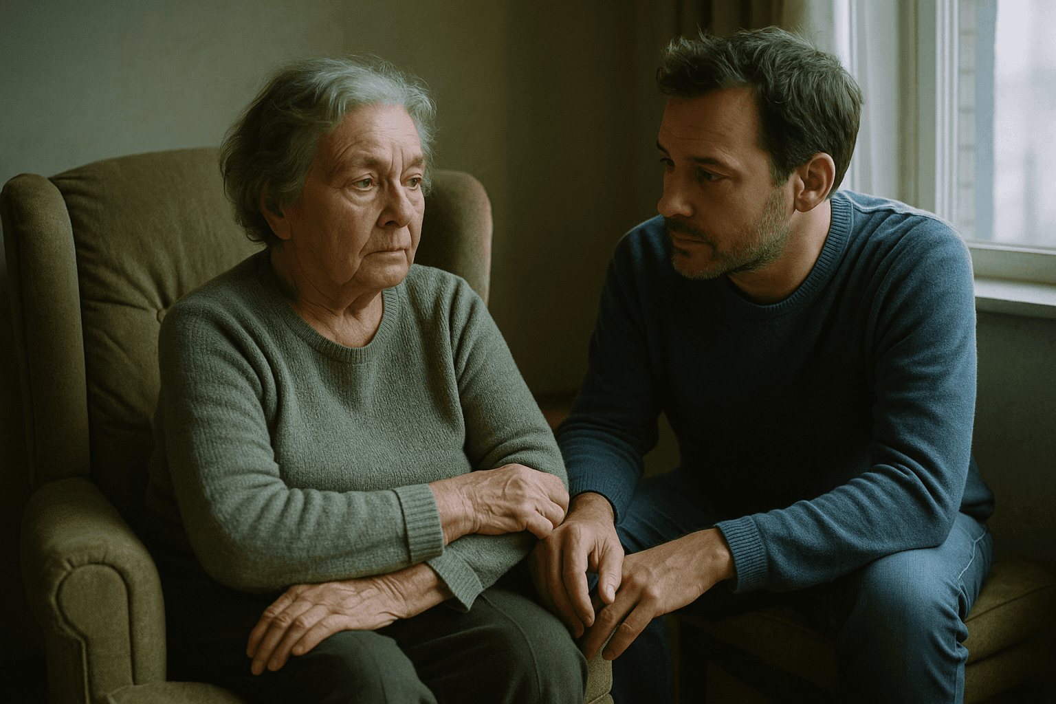 An adult son sits patiently beside his elderly mother as she gazes out a window from her armchair.