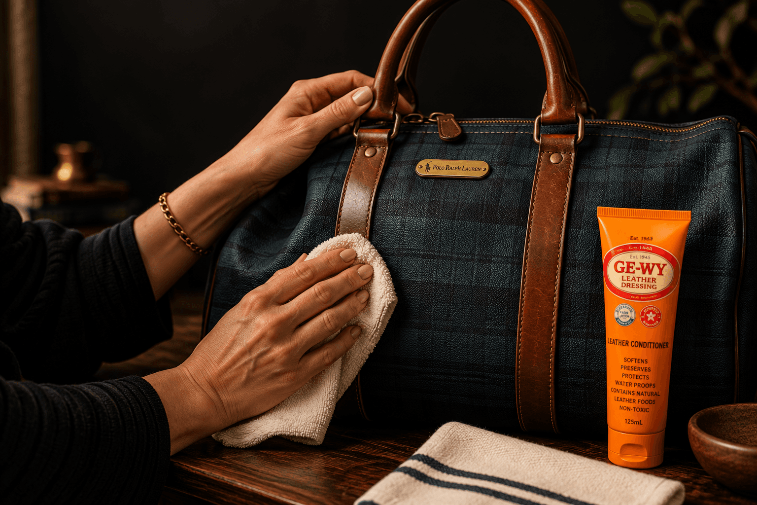 Vintage Polo Ralph Lauren handbag being cared for with GE-WY Leather Dressing.