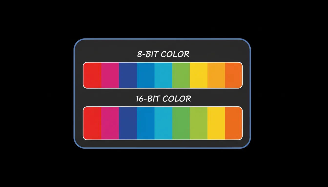 A minimalist informational graphic explaining color bit depth. The design features a central dark gray panel with soft rounded corners and a subtle blue outline, set against a pure black background. Two horizontal color palettes are displayed vertically. The top palette, labeled with abstracted text, illustrates 8-bit color with a series of distinct, hard-edged vertical blocks of saturated color: red, magenta, blue, cyan, green, yellow, and orange, showing clear banding. The bottom palette, also labeled with abstracted text, illustrates 16-bit color with a perfectly smooth, continuous gradient of the same vibrant rainbow spectrum. Both color palettes have a crisp white border.