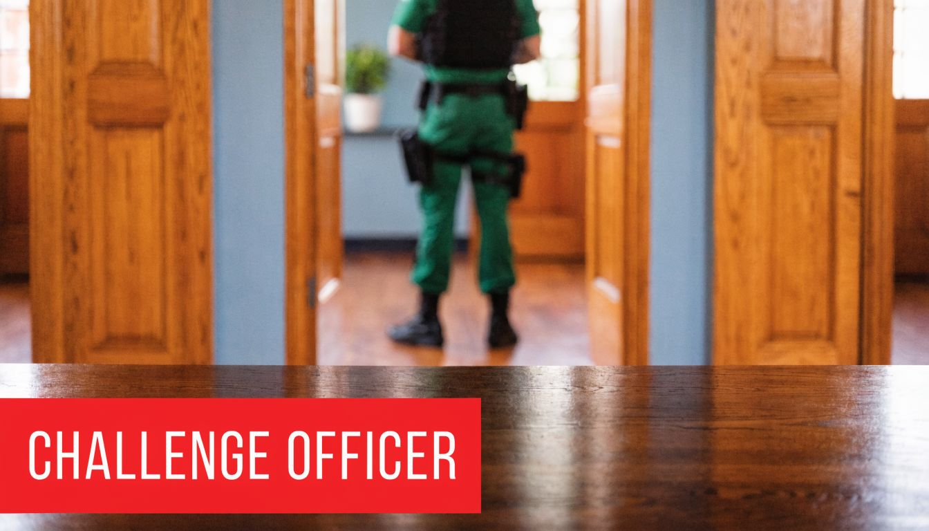 A person in a security uniform standing in a doorway behind a wooden table with text overlay.