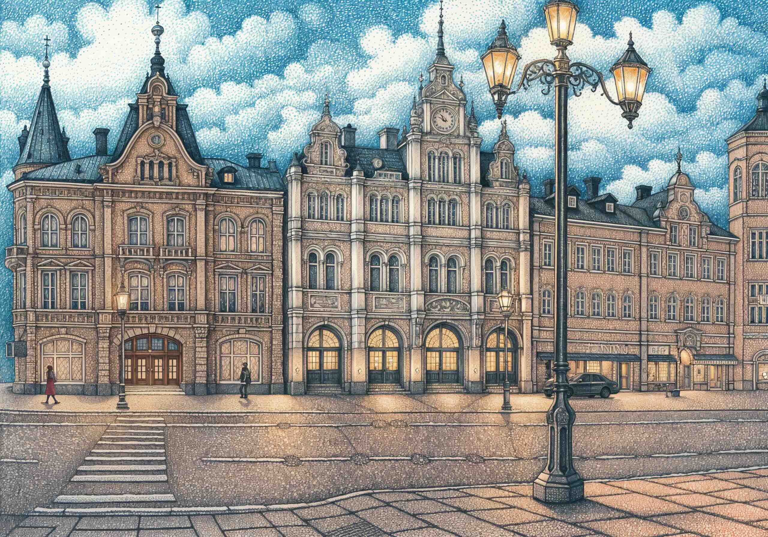 Detailed illustration of a historic city street in Finland at dusk, featuring elegant European buildings with ornate facades, glowing windows, and vintage street lamps lining the cobblestone road.