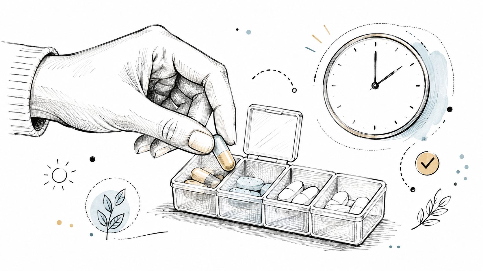 A hand placing a pill into a compartment of a daily medication organizer next to a clock.