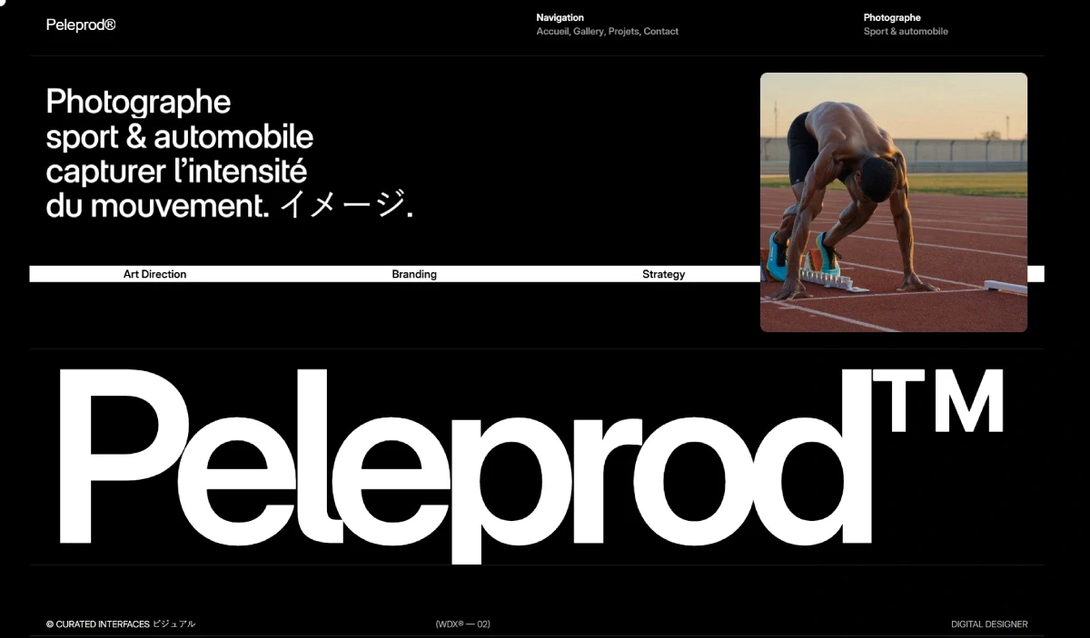 Page d’accueil du site Peleprod, photographe sport et automobile, avec un visuel d’athlète sur piste.