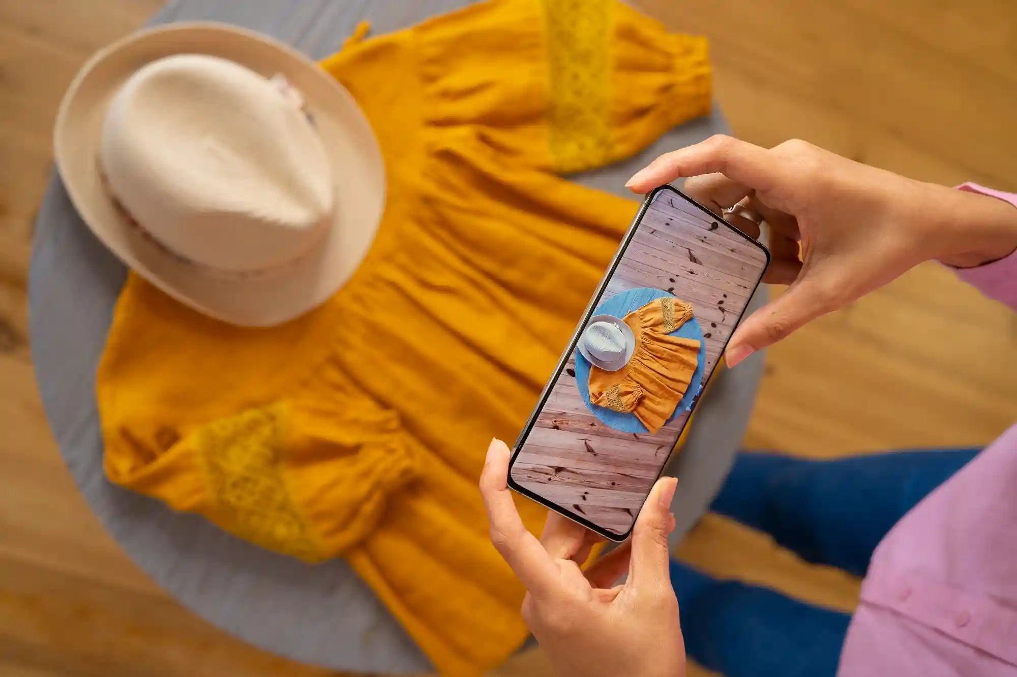 Person taking a flat lay photo of clothes.