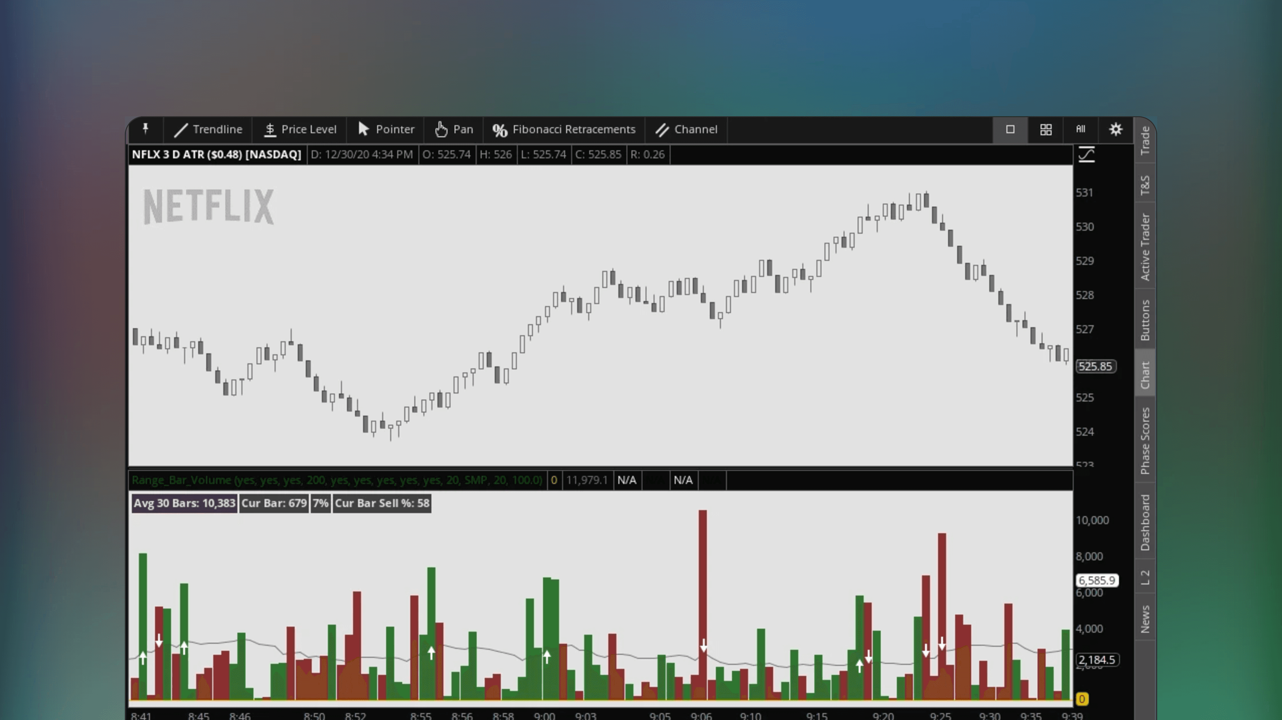 ThinkOrSwim chart interface displaying Range and Renko bars with a volume indicator histogram plotted below the price action
