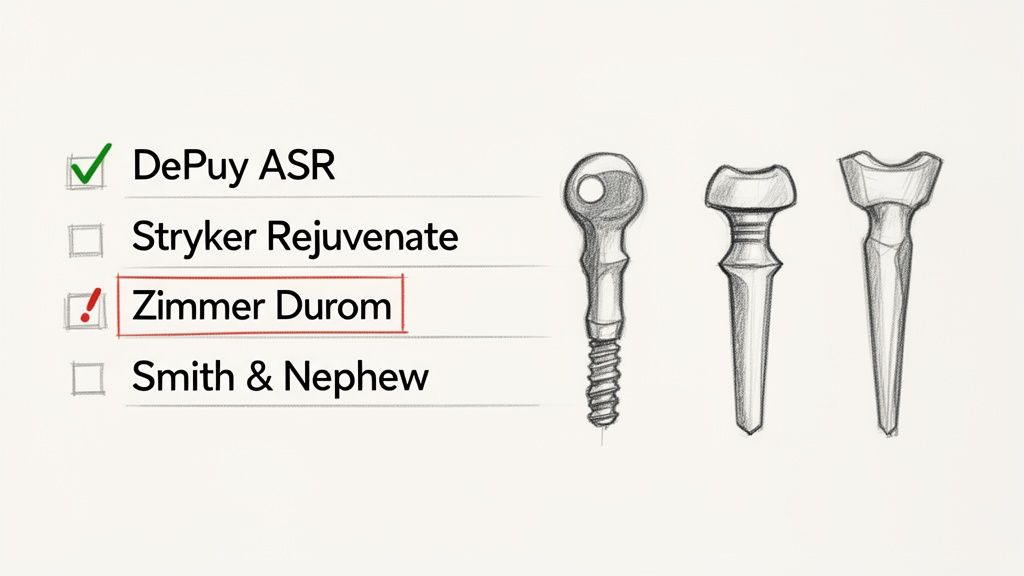 A checklist of hip implant brands, including DePuy ASR and Zimmer Durom, next to sketches of implant components.