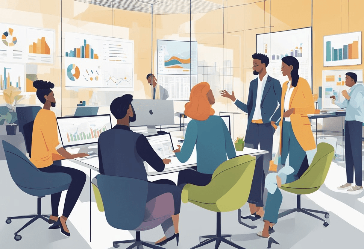 Recruiters brainstorming in a modern office, surrounded by charts and graphs. A diverse team collaborates on innovative solutions to address the UK's labour shortage