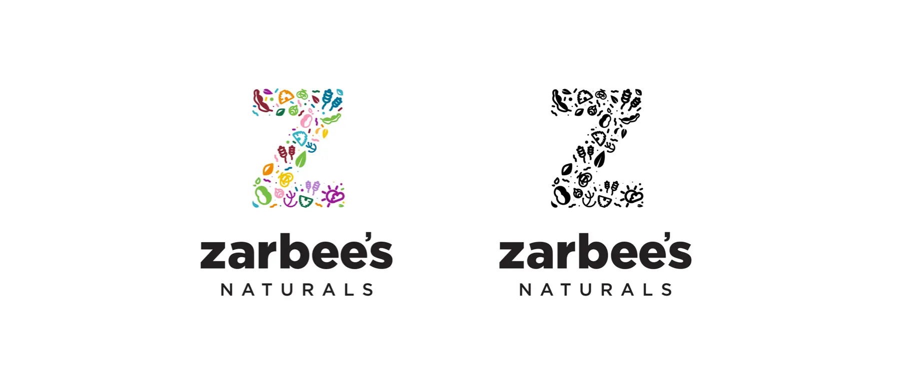 Zarbee's Naturals logo concept using a large decorative "Z" letterform composed of colorful natural ingredient illustrations — leaves, berries, flowers, and botanicals — shown in full color and monochrome versions.