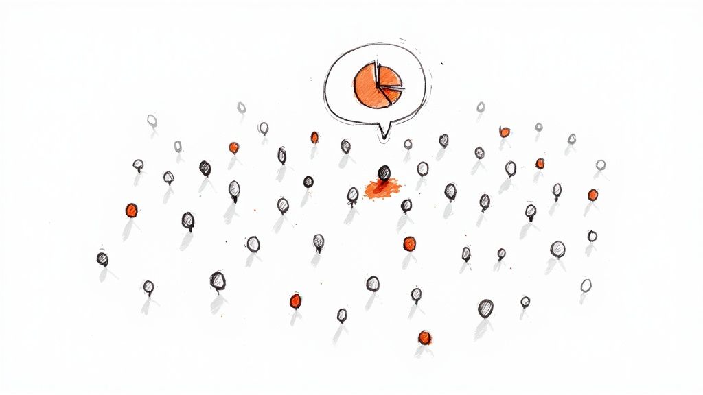 An abstract illustration of a crowd of figures, with one highlighted, showing a pie chart in a speech bubble.