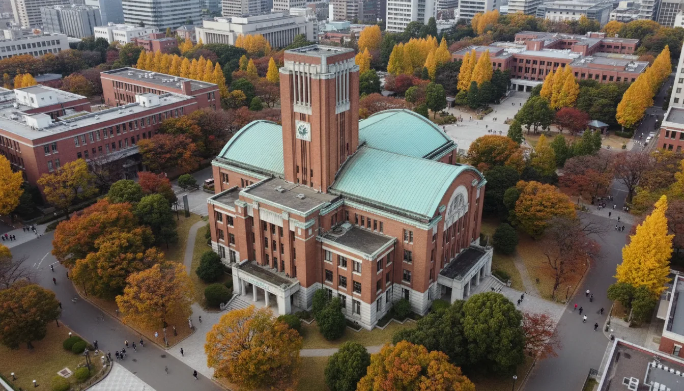 High-angle drone shot photography of the Yasuda Auditorium at the University of Tokyo, an Art Deco building with a prominent central clock tower made of reddish-brown brick. The building features a unique curved roof with a patinated verdigris copper finish, surrounded by autumn trees in shades of yellow and green. The scene is captured in natural daylight under an overcast sky, with sharp focus and high detail across the entire campus view.