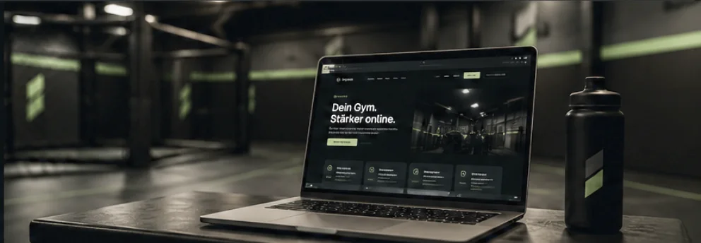 Laptop mit Fitnessstudio-Website auf einem Tisch in dunklem Gym mit grünen Akzenten.