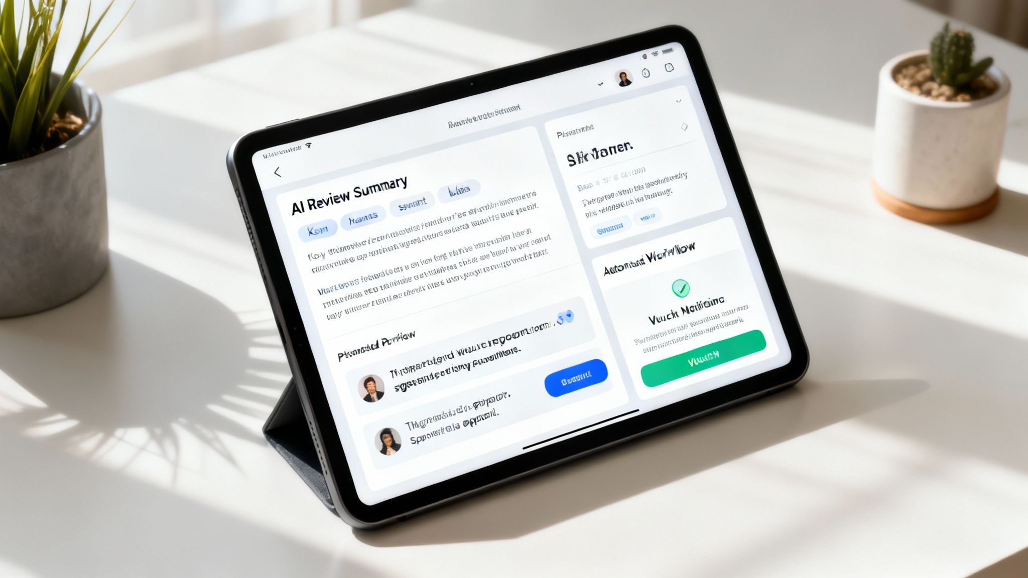 An AI dashboard showing sentiment analysis and key feedback themes, with a manager quickly understanding guest issues at a glance.