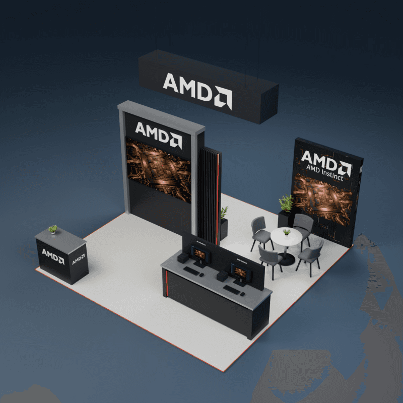 20x20 AI hardware trade show booth with branded processor backwall and two workstation demo positions