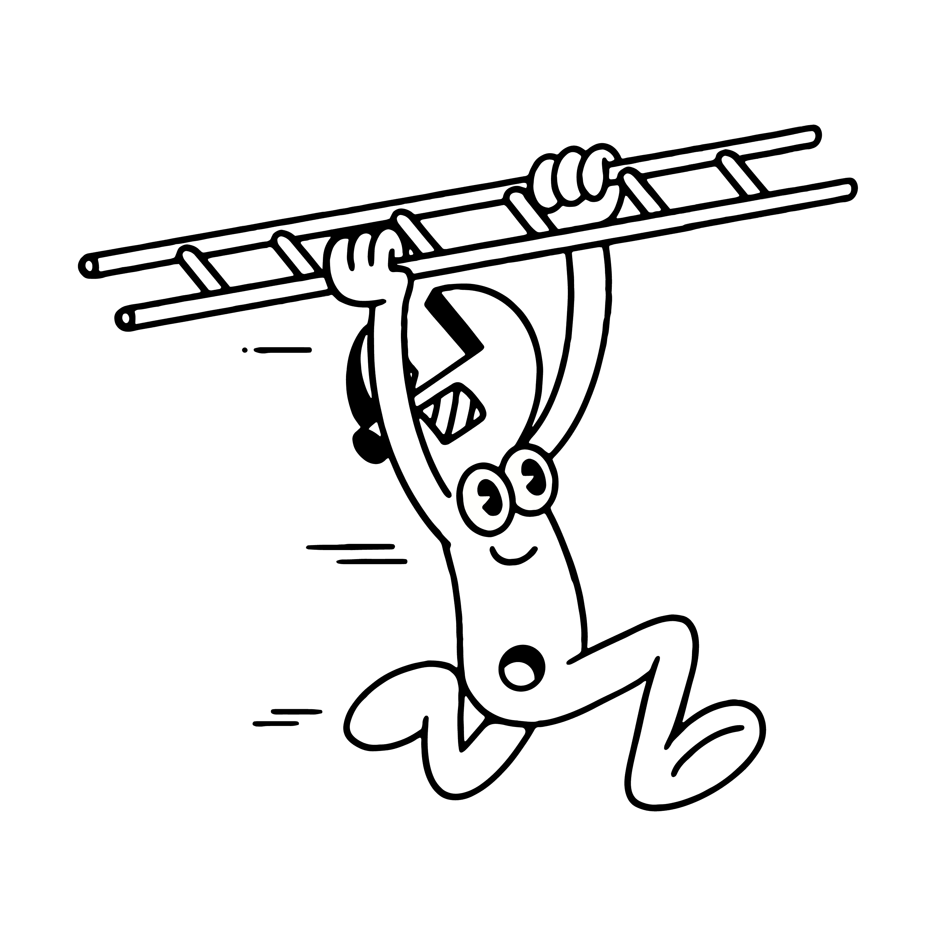 Cute line illustration of a wrench with arms, legs and eyes, carrying a ladder over it's head.