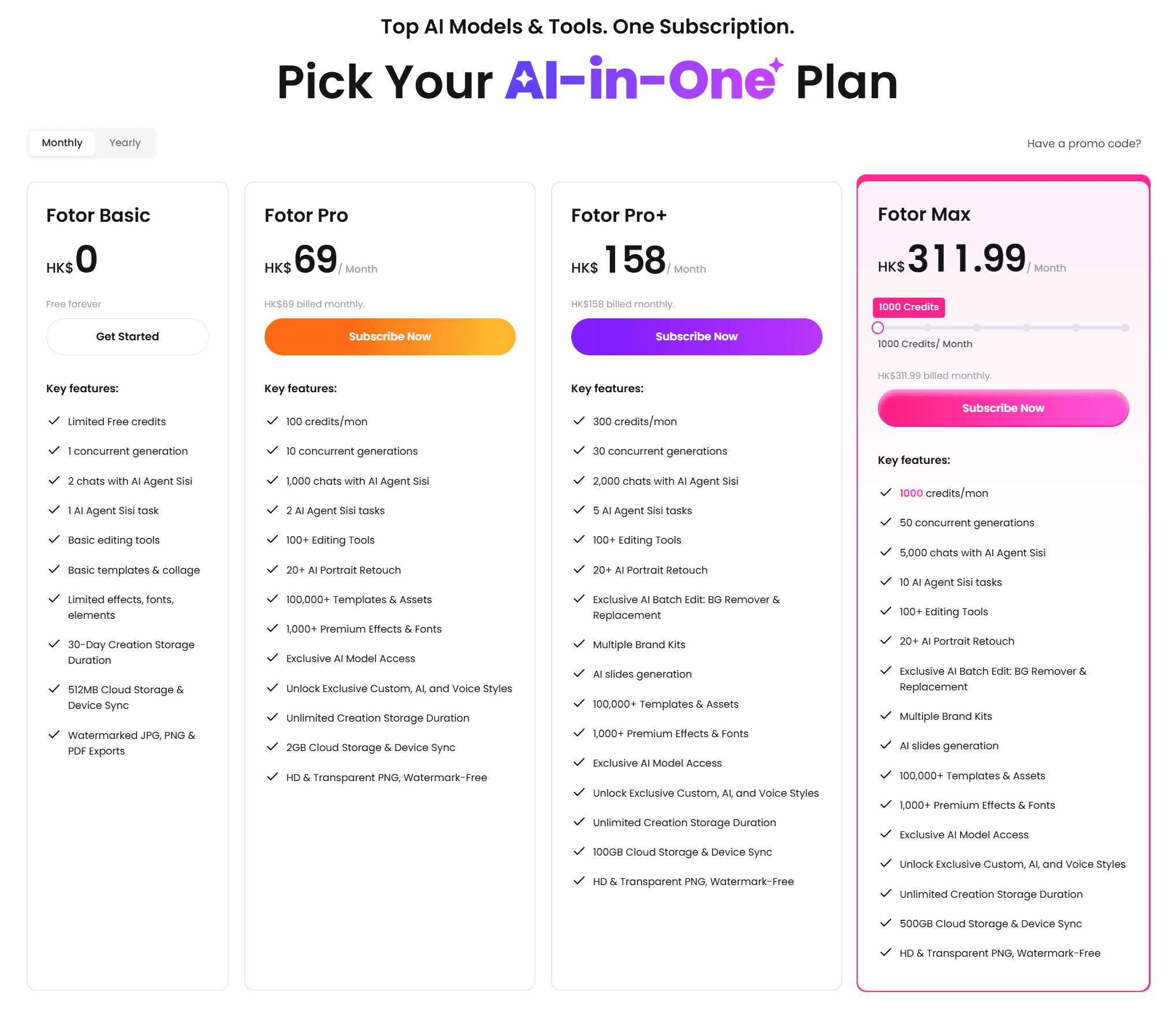 Pricing of Fotor Video Enhancer
