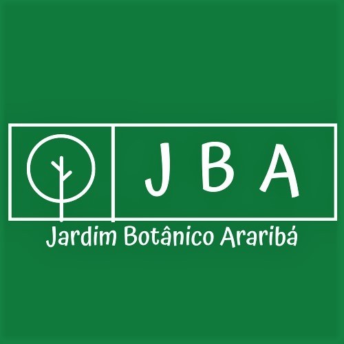Logotipo do JBA, com árvore estilizada e o nome Jardim Botânico Araribá em branco sobre verde