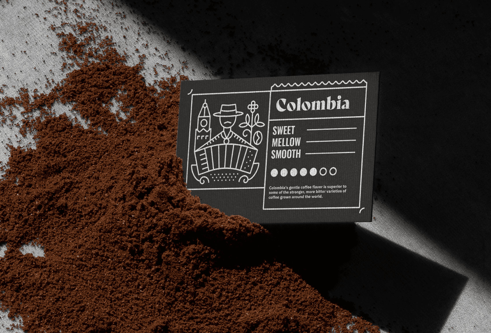 business card mockup in ground coffee beans, Colombia coffee, Origins, Sharjah, Uae